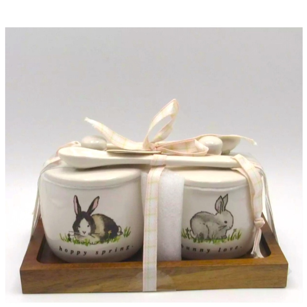 Rae Dunn Jam & Jelly Jars Hoppy Spring Bunny Love w/Spoons on Wooden Tray Easter